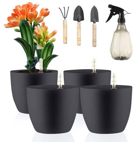 LangRay 4er-Set Blumentopf mit Wasseranzeiger, 15.5x13cm Klein Kunststoff Pflanztopf Selbstbewässerungstopf Wasserspeicher Hydrokultur Topf mit Bewässerungssystem Selbstbewässernd (Grau)
