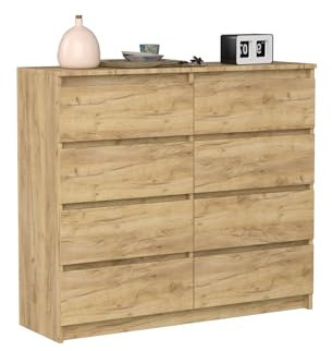 VBChome Kommode mit 8 Schubladen Eiche 120 x 39 x 105 cm Grifflose Schubladenkommode Holz Mehrzweckschrank Mehrzweckschrank für Flur Schlafzimmer Wohnzimmer Kinderzimmer