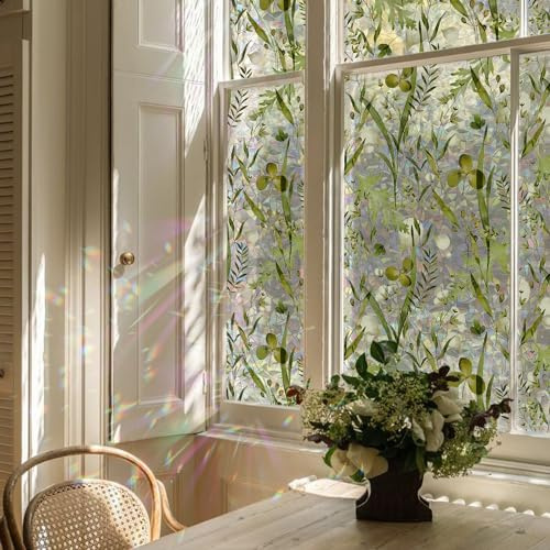 Flortlias Rainbow Watercolor Green Leaves Window Film, Privacy Iridescent Static Cling Double-Sided Decals for Window Door Glass Decor, Herbs, 39.37 x 16.93