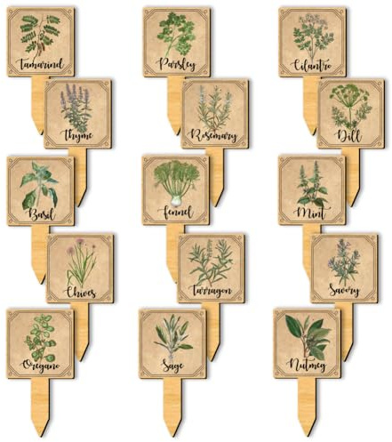 arricraft 15 Pcs Vintage Wood Plant Labels, 15 Styles Wooden Herb Garden Signs T-Type Plant Tags with Printed Herb Name for Indoor Outdoor Potted Seed Herbs Patio Supplies 12x6.35cm