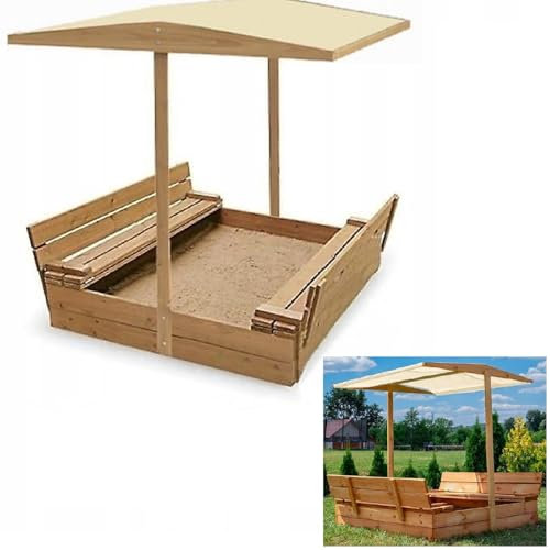 Sandkasten aus Holz mit Sitzbank Dach Sandbox 150x150 cm Sandkiste Imprägniert Beige