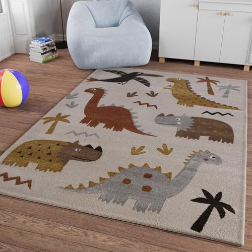 Smart Kids T-Rex & Friends Kinderteppich, 80 x 150 cm, Sand beige meliert | gewebter Kinderteppich, Spannende Abenteuer mit aufregenden T-Rex-Motiven, sand beige meliert)