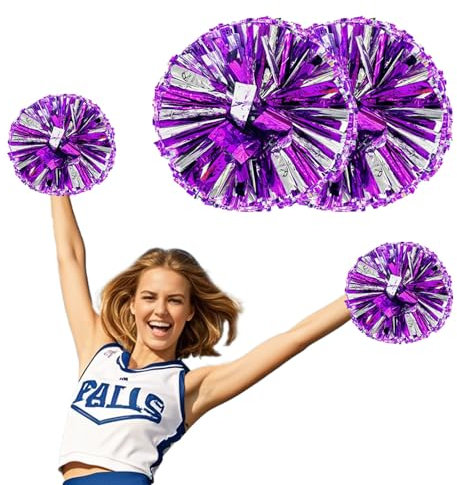 Werownsgso 2 Stück Cheerleading Pompoms, Cheerleader Pompons Mit Handle, Bright Metallic Cheers Ball, Pompoms Cheerleading für Spiele Sport Wettbewerb Tanz Party Karnevalspartys (Lila & Silber)
