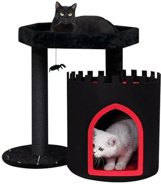 YARUOMY Gothic Cat Tree Castle, Black Cat Tower with Coffin Cat Bed, Spacious Cat Condo for Halloween Cat, Kraft Twine Scratching Posts, Spider Hanging Ball,Goth Pet Furniture (Large)