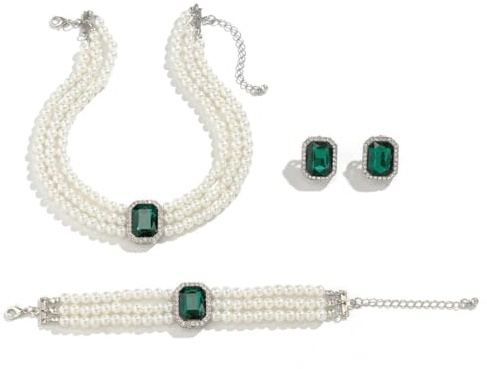 Gkaopi Pärlsmyckesset för kvinnor 3 st pärlhalsband örhängen armband set vintage flerskikts pärlhalsband armband smycken gåva för alla hjärtans dag födelsedag mors dag fest bröllop, Metall