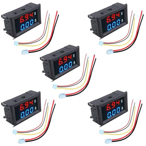 HUAZIZ 5 Piezas Amperímetro Voltímetro LED, Multímetro Digital Rojo y Azul Probador de Corriente de Voltaje de Pantalla,DC 0-100V 10A Detector Voltaje Medidor Corriente Panel Amp Volt Gauge