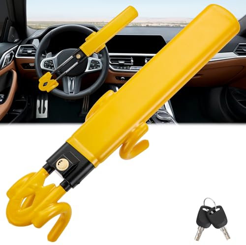 Warmiehomy Steering Wheel Lock, Universal Car Steering Wheel Locks, Heavy Duty Twin Bar Car Lock, Strong Car Security Locks Anti-Theft Device, High Visibility, Adjustable Length, 2 Keys, Yellow