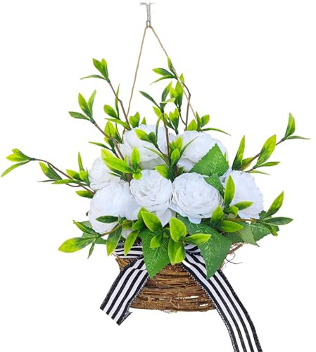 Spring Peony Flower Basket Wreath Simulated Flowers Basket Door Hangings Decorations