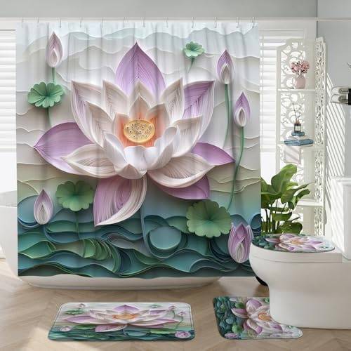 DESIHOM 4PCS Paper Quilling Art Lotus Shower Curtain Sets with Non-Slip Rug, U Shape and Toilet Lid Cover Mat, 3D Flower Home Decor, Bathroom Accessory with 12 Hooks