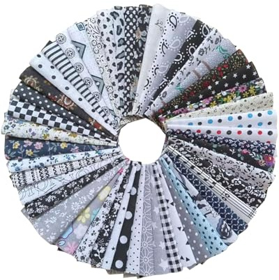 TPZORJX 50 tessuti di cotone da cucito, set di 10 x 10 cm misti tessuti in tessuto quadrato, per trapuntare, bricolage, scrapbooking, scena in miniatura, colore: nero/bianco