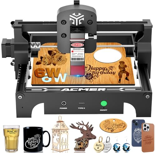 ACMER S1 6W Tragbare Laser Gravurmaschine, Mini Laser Cutter für Anfänger, 0.04 mm Präzision, 130×130mm Gravierbereich, Hochpräziser Lasergravierer für Holz, Leder, Acryl und Keramik
