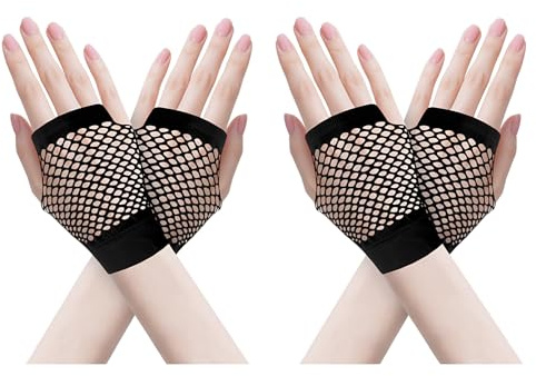 ZTVOWTO 2 Pares Guantes de Rejilla Sin Dedos, de Los Años 80 y 90, Ideales para Halloween, Navidad, Fiestas de Disfraces y Cosplay(Negro)