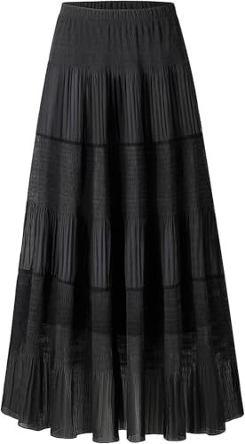 comefohome Womens Skirts UK Elasticated Waist Maxi Long Summer Pleated Flowy Chiffon Adjustable A Line High Waist Ladies Skirt Black L