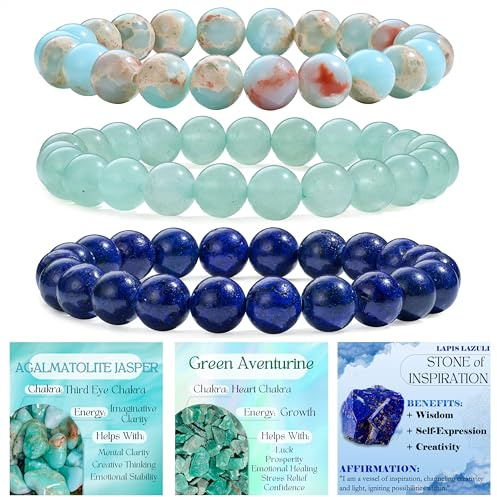 Bivei 3 Pezzi 4mm Bracciale Donna - Lizardite, Avventurina Verde, Lapis Lazuli - Bracciali con Perline Elastico con Pietre Naturali, Gioielli Fatto a Mano per Yoga, Meditazione, Protezione e Regalo