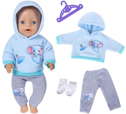 Baby Doll Clothes 30-45cm，Cute Dolls Clothes, 1 Animal Element Hooded Sweatshirt + 1 Grey Trousers + 1 Hanger + 1 Pair of Socks , Doll Clothing Set Gift for Children Girls Boys