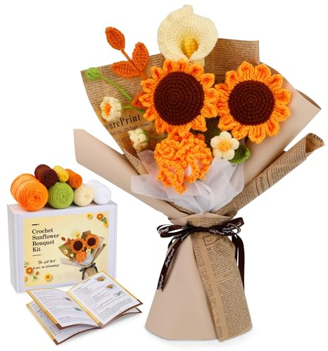 ENCHOL Crochet Kits for Beginners, Small Sunflower Bouquet Crochet Kit | Beginner Crochet Kit, Complete Crochet Kits for Starters Adults with Step-by-Step Video Tutorials for DIY Craft Creations