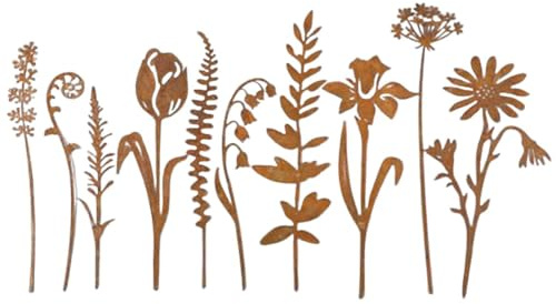 NiuLumea Rustic Metal Flowers Set of 10, 12 x 4 Inches, Vintage Garden Stake Decor Outdoor Lawn, Potted Arrangements, Pathways, No Assembly Required