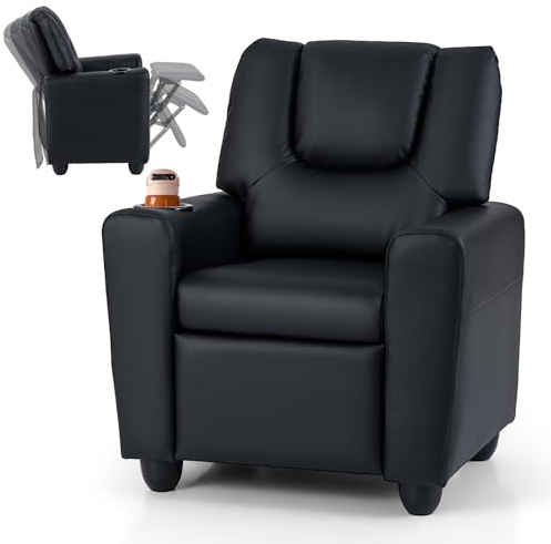 COSTWAY Kids Recliner Chair, Adjustable Children Armchair Sofa with Cup Holder, Footrest, Toddler Gaming Lounge Chair for Boys Girls (PU Leather, Black)