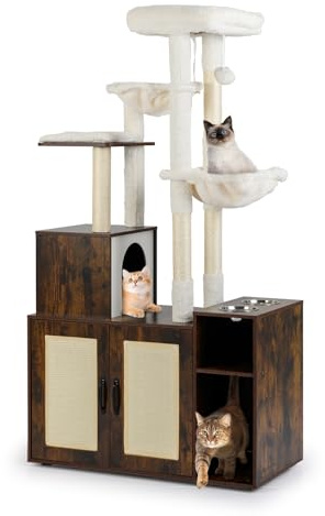 COSTWAY Cat Tree with Litter Box Enclosure, Cats Climbing Tower with Sisal Scratching Posts & Mats, Hammocks, Dangling Ball, 2 Feeding Bowls, Wooden Hidden Kitty Washroom