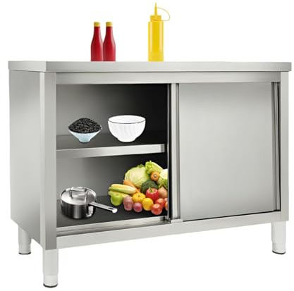 Armanyya Edelstahl Küche Arbeitstisch, Arbeitstisch mit Schiebetüren 120 x 50 x 86cm, Verstellbare Höhenlagerung 5-20cm, Gastro-Edelstahlschrank, Doppelverwendung