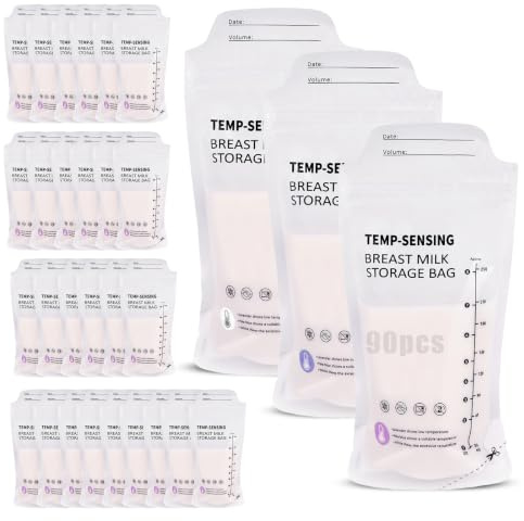90pcs 250ml Breast Milk Storage Bags with Temperature Sense Colour Change | Breast Milk Bags with Pour Spout for Easy Feeding Leakproof Pre-Sterilised Freezer Safe