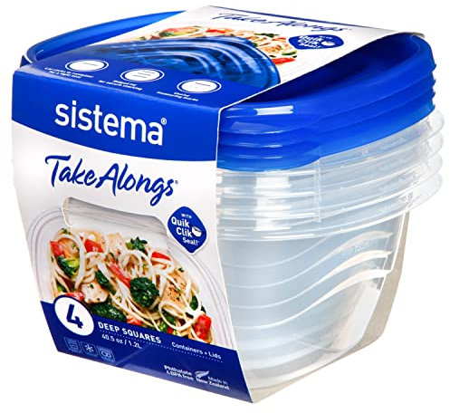 Sistema Takealongs Deep Square 4 Pack Food Storage Containers, Clear With Blue Lid, 4 x 1.2 L