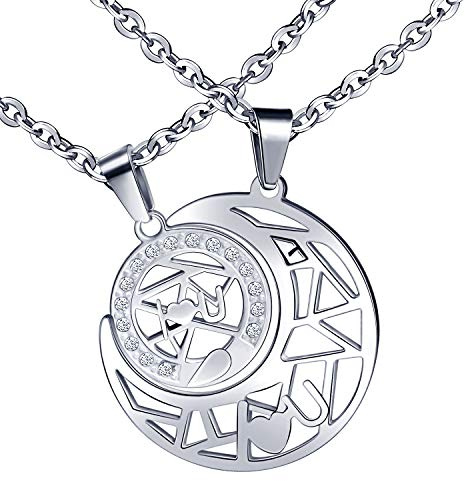 Feilok Coppia di collane per innamorati in acciaio inox, a forma di luna e sole, con scritta I love you, idea regalo per coppie, partner, Acciaio inossidabile