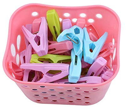 30 pinzas de clip para ropa con cesta de almacenamiento, resistentes al viento, pinzas de plástico para ropa interior, calcetines, interiores y exteriores, color rosa