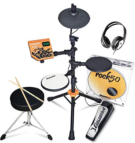 Carlsbro Rock50 Kids Electronic Drums – Childrens Electric Drum Set with Headphones, Stool & Drumsticks – Ideal Electric Drums for Beginners, 50 Lessons Included