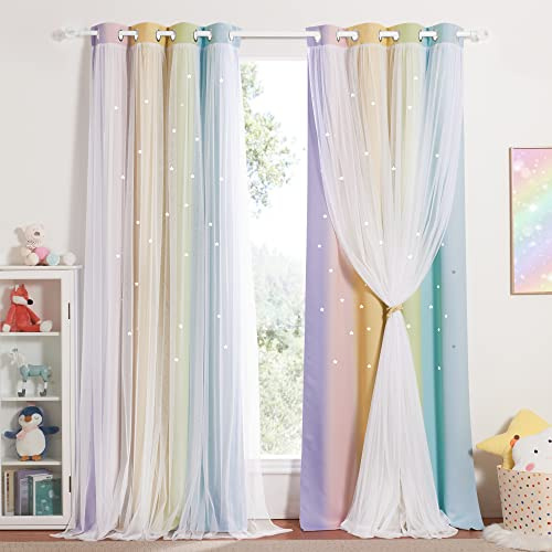 NICETOWN Mörkläggningsgardin - barngardin med vit skir gardin, ljus regnbågsdekoration, flerfärgade, perforerade stjärnor för barn, flickrum, 132 x 213 cm, set med 2