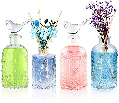 Reed Diffuser Glass Bottles Empty Set of 4 DIY Clear Decorative Bottles Fragrance Vase Jars Oil Diffusers Container with Sticks for Home Office Desk Wedding Valentine Decor Car Girl Women