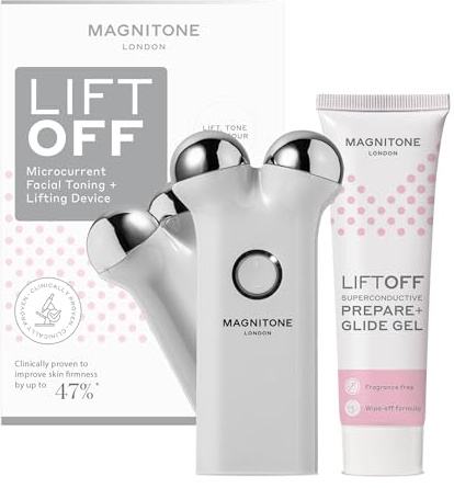 MAGNITONE Lyft av mikroström ansiktstoning enhet, rosa, USB uppladdningsbar, med Prepare + Glide superledande gel 60 ml hemma ansiktslyft (grå)