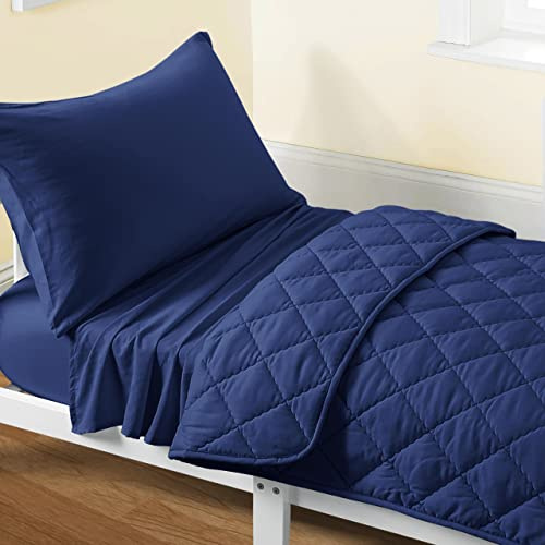 FLXXIE Toddler Bedding Set - 4 Piece Microfiber Crib Sheet Set, Crib Bedding Set Includes Quilted Comforter, Flat Top Sheet, Fitted Sheet, Envelope Pillow Case for Boys and Girls, Navy Blue