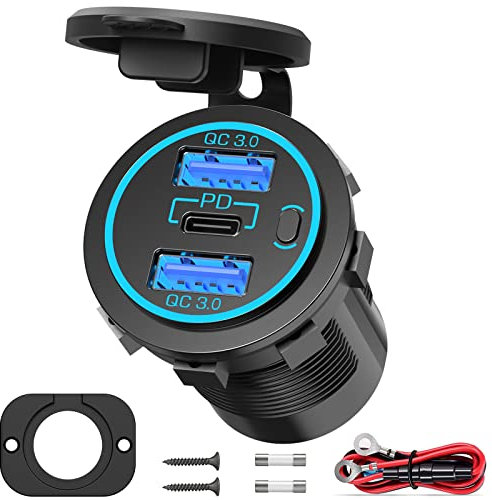 Qidoe 12V USB C Steckdose Einbau: 66W PD3.0 Typ C USB Dose Buchse Wasserdicht 12 Volt KFZ Zigarettenanzünder Adapter mit Schalter für iPhone Wohnmobil Auto Motorrad Boot LKW Wohnwagen