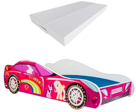 KOBI Bilsäng för barn | Ponny Car | 70 x 140 cm | Flerfärgad | My Little Pony Tecknat tema | Barn pojke flicka | med säng och madrass | Cabana med barriär