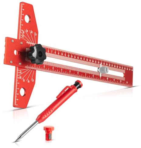 STAHLWERK Winkel-Anreißlineal aus Aluminium mit Anschlag und Markierungsstift Markierungslehre | Anreißlehre | Markierungslineal| Streichmaß zum Anreißen, Markieren und Zeichnen
