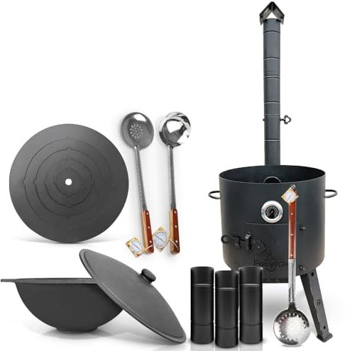 Horno de fuego de 44 cm de diámetro, 48 cm de diámetro, 46,5 cm de diámetro (16 L), base plana, termómetro, alargador de chimenea, cucharón de 48 cm, cuchara espumante de 64 cm (set – 571)