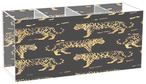 JUMBEAR Goldener Leoparden-Acryl-Stiftehalter, 4 Fächer, transparenter Stiftebehälter – Schreibtisch-Schreibwaren-Aufbewahrung, Make-up-Pinselhalter für den Schreibtisch, Acryl-Organizer, Stifthalter