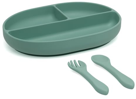 Kiokids Set De Cubiertos Y Bandeja Blw En Silicona Con Divisiones Y Ventosa Salvia