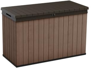 Keter Darwin Gartenbox 662L Braun – Wetterfeste Outdoor Aufbewahrungsbox in Holzoptik, abschließbarer Deckel mit Hydrauliksystem, UV-geschützt, wartungsfrei, Sitzgelegenheit für 2 Personen