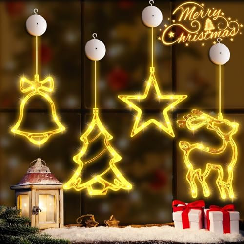 LED Weihnachtsbeleuchtung Fenster,4 Stück Lichter Fenster Weihnachten mit Saugnäpfe Led Weihnachtsstern Beleuchtung für Fenster weihnachtsdeko Innen Außen Warmweiß 40 LEDs Lichterkette Fensterdeko
