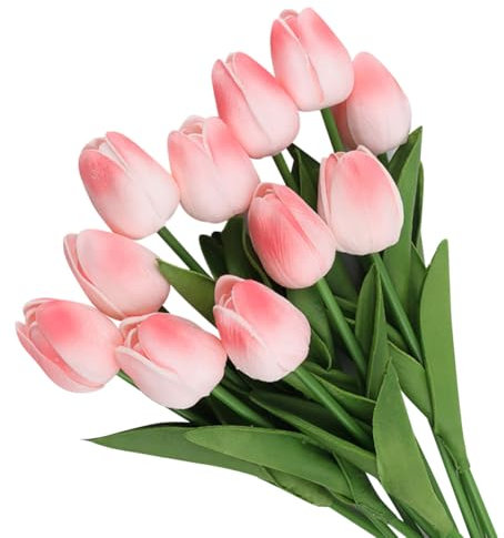 12 Pcs Artificial Tulip Flowers Faux Tulip Stems Fake Realistic Tulips Real Look Tulips Lifelike Floral Arrangement Flowers Plastic Flower Decorations for Wedding Home Pink