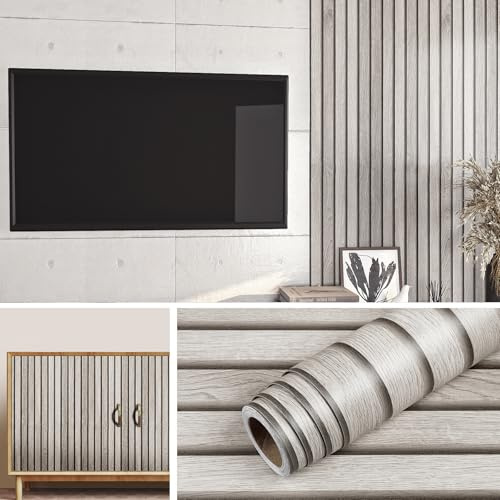 Livelynine Selbstklebende Tapete Holzoptik 3D 60cmX500cm Wandpaneele Selbstklebend Holz Grau Weiß Klebefolie Holzoptik Lamellen Tapete Selbstklebend Schlafzimmer Möbelfolie Holz-optik Schrank