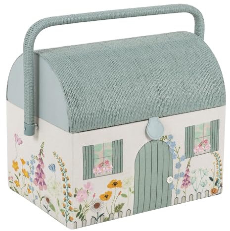 Hobby Gift Embroidered Sewing Box – Country Cottage Floral Design, Wicker Roof & Handle, Includes Internal Plastic Tray with Compartments for Creative Crafters –21 x 30 x 26cm