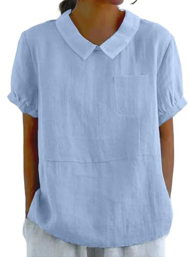 Damenbluse aus Leinen, kurzärmelig, mit Bubikragen und Brusttasche, bequemes atmungsaktives Hemd, ideal für Freizeit und Alltag, blau, XL