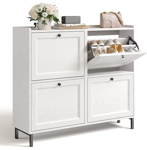 Bealife Scarpiera Portascarpe con 4 Ante - Scarpiera Salvaspazio Mensola Grande Capacità per Ingresso, Corridoio - L99xP24xH91 cm - Bianco(Bianca,4 Pareggi)