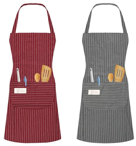 2 Stück Küchenschürzen, Schürze mit 2 Taschen, Verstellbare Kochschürze Herren & Damen, Maschinenwaschbar, Farbecht, Unisex Küchenschürzen für Zuhause, Restaurant, Café, Basteln, Malen(Grau & Weinrot)