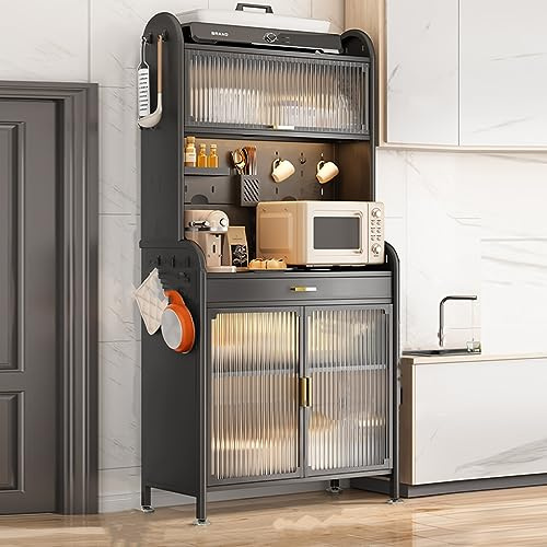 5Tier Kitchen Etagere Storage Rack with Transparent Flip Door DIY Basket Organizer Modern Black Design for Efficient Space Saving in Kitchen and Dining Areas