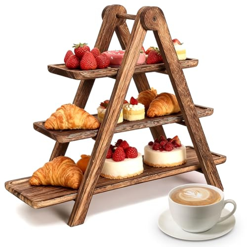 Umllpet Présentoir à Pâtisserie en Bois Naturel 3 Étages Escalier, plateau rectangulaire démontable pour cupcake apéritif mariage café