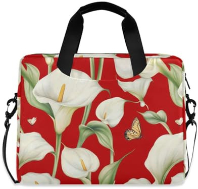 Borsa a tracolla per computer portatile, con manico e tracolla, per tablet da 15,6, borsa per il trasporto, calla giglio, fiore, farfalla, rosso